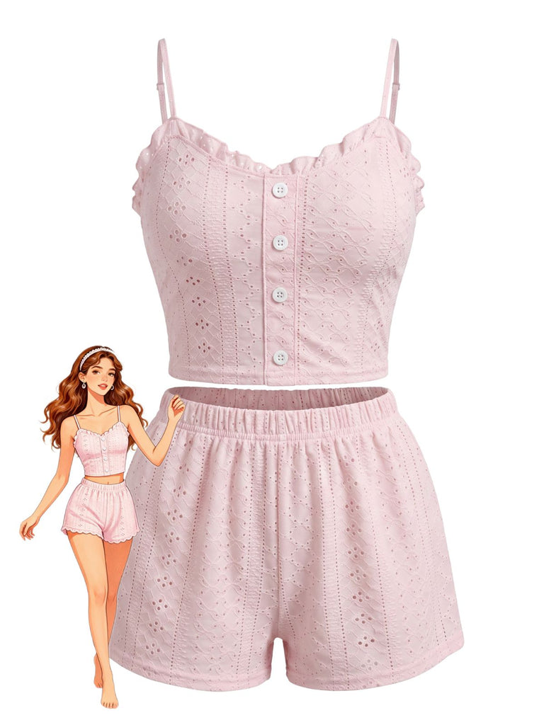 Pink 1950s Spaghetti Strap Ruffle Pajama Set 6