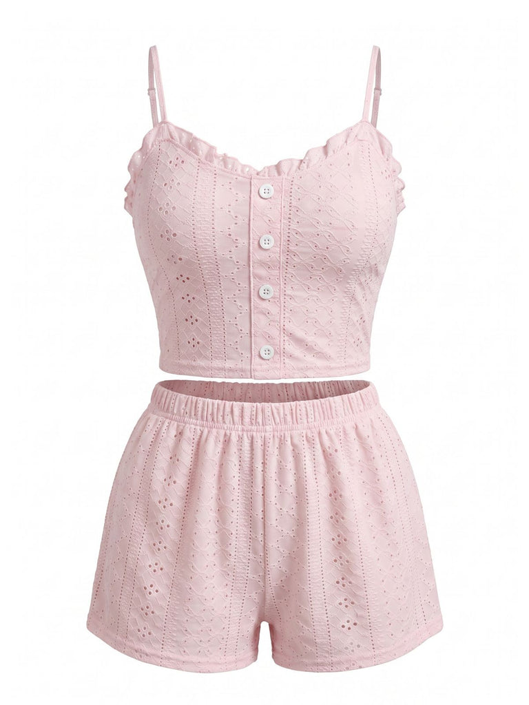 Pink 1950s Spaghetti Strap Ruffle Pajama Set 5