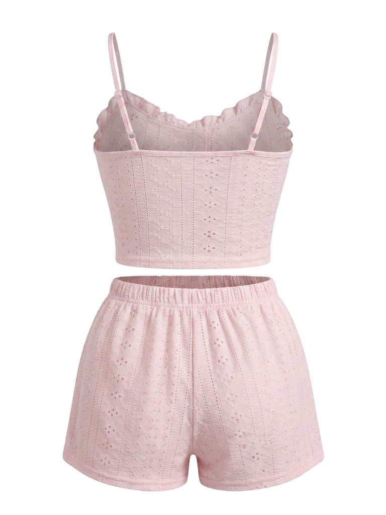 Pink 1950s Spaghetti Strap Ruffle Pajama Set 7