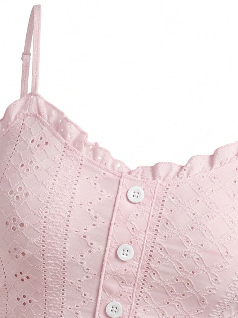 Pink 1950s Spaghetti Strap Ruffle Pajama Set 3