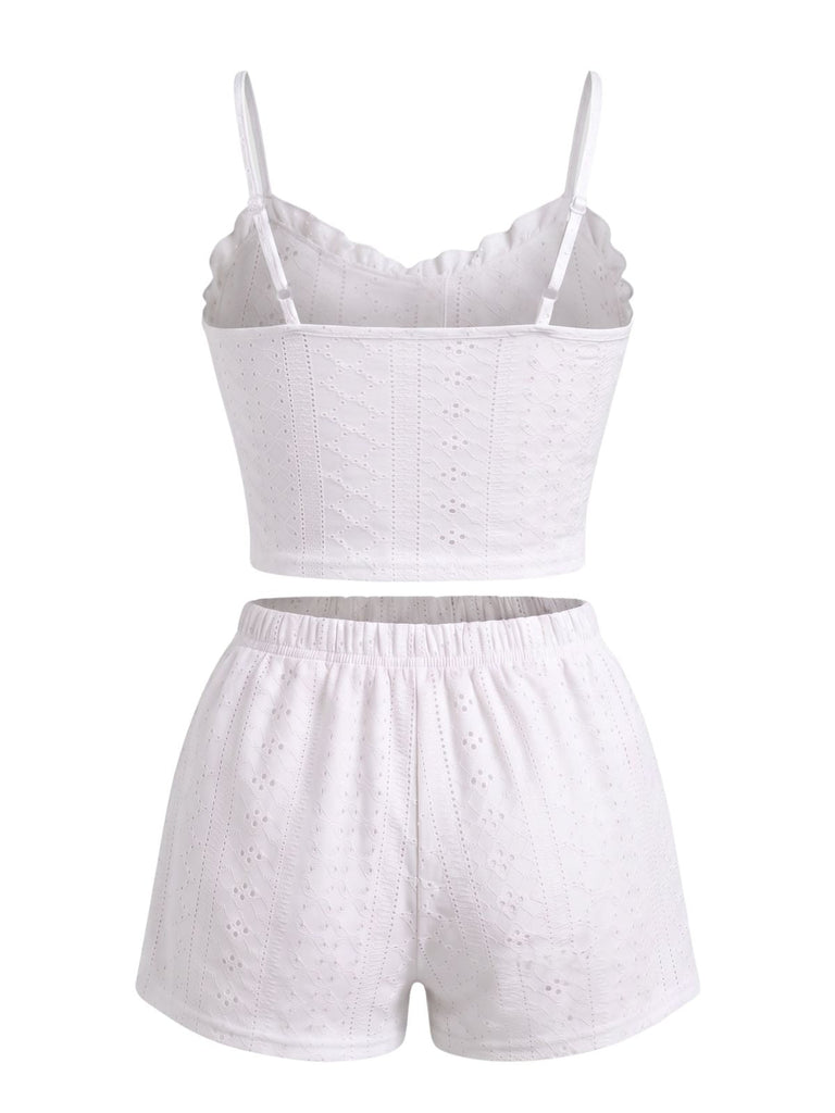 Pink 1950s Spaghetti Strap Ruffle Pajama Set 8