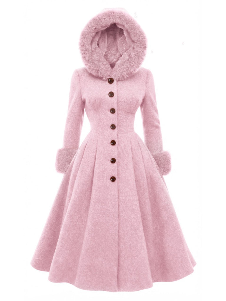 Pink 1950s Faux-Wool Hooded Button Coat, vintage coat, retro outerwear - perfect for women who love vintage and retro fashion