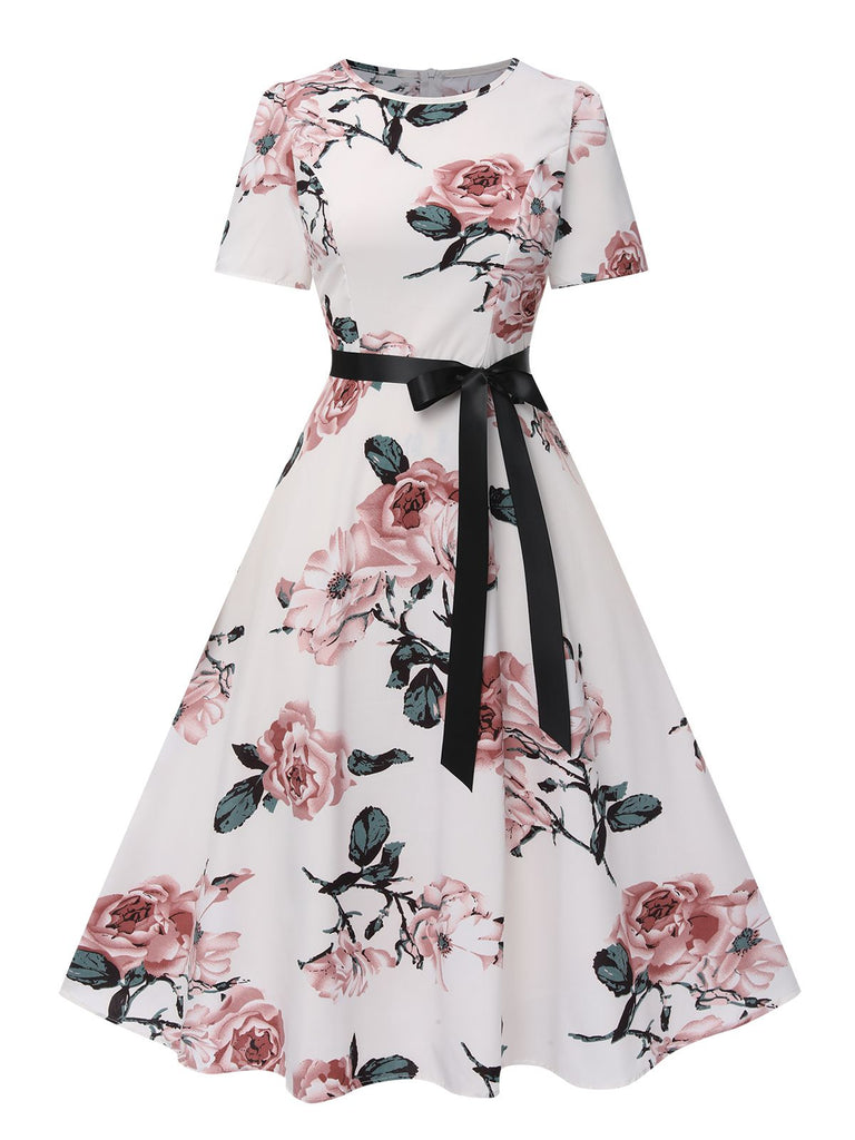 short sleeve swing dress Retro Stage 1950s Floral Bow Short Sleeve Swing Dress