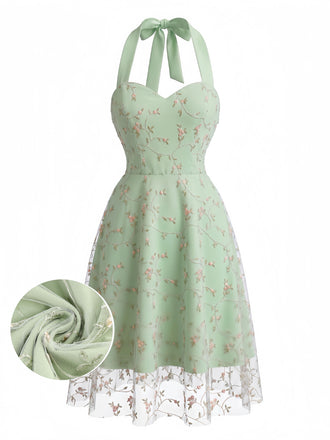 1950s Floral Embroidered Halter Mesh A-line Dress, vintage dress, retro fashion, rockabilly, pin-up fashion - vintage inspired fashion