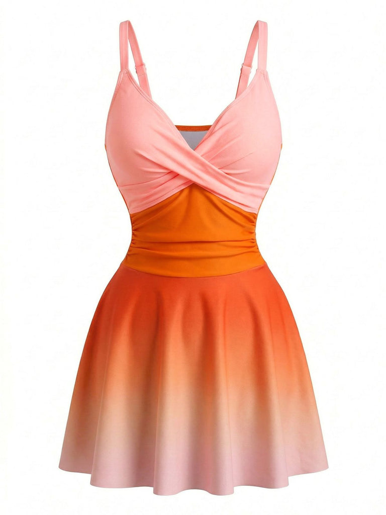 Women's Mirrored Ombre Front Twist One-Piece Swim Dress