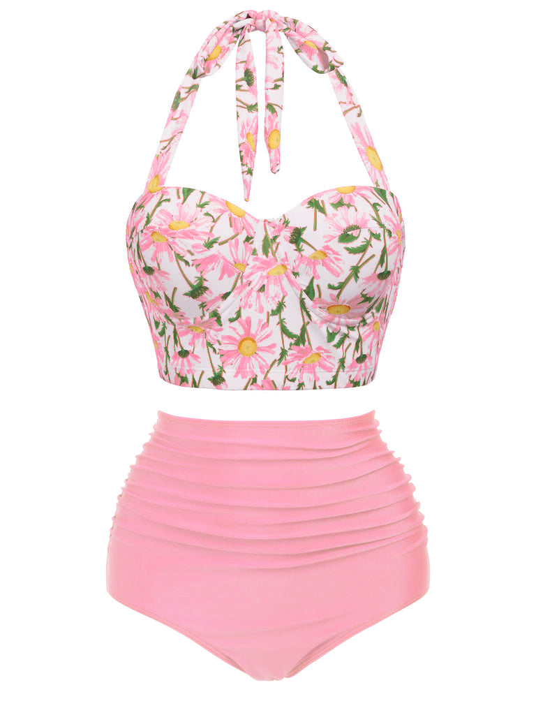 Front view v4: Pink 1950s Floral Halter Lace-up Bikini Set, vintage swimwear with pink floral print