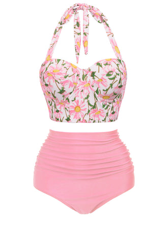 Front view: Pink 1950s Floral Halter Lace-up Bikini Set, vintage swimwear