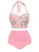 Front view: Pink 1950s Floral Halter Lace-up Bikini Set, vintage swimwear