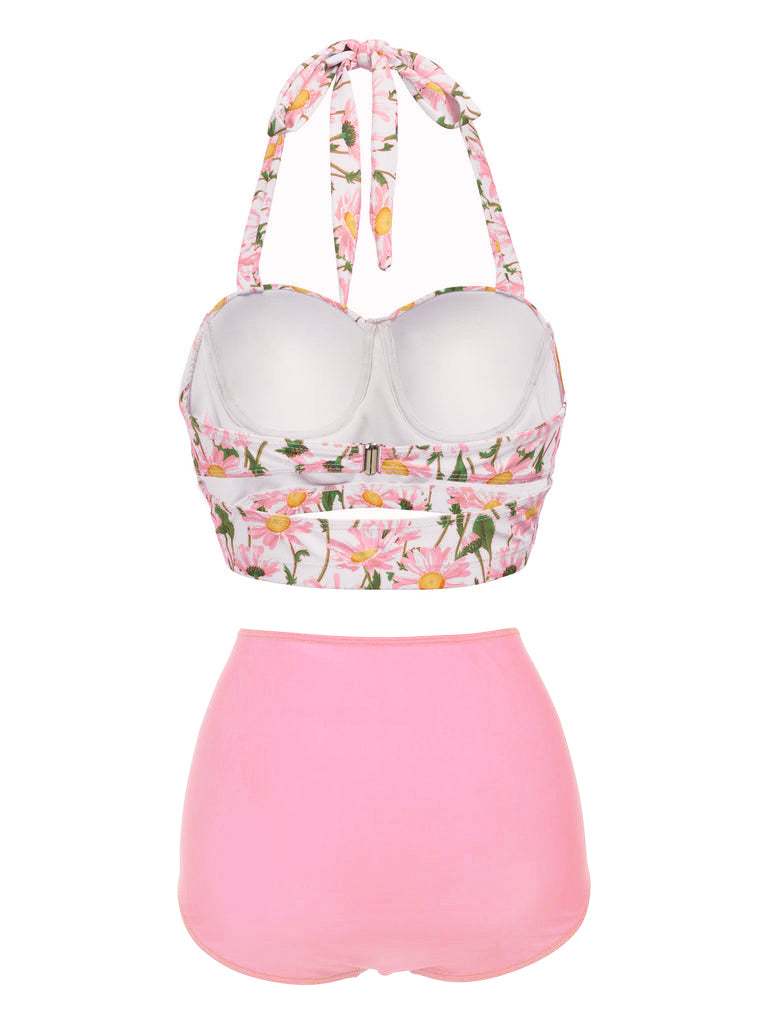 Side view: Pink 1950s Floral Halter Lace-up Bikini Set