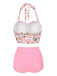 Side view: Pink 1950s Floral Halter Lace-up Bikini Set