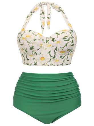 1950s Floral Halter Lace-up Bikini Set - vintage fashion, retro style