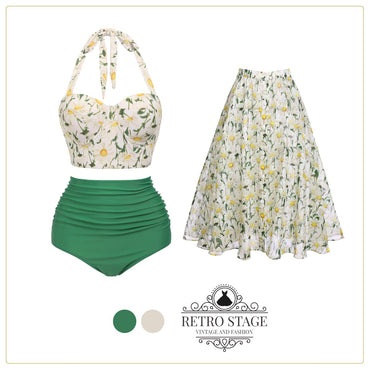 She's wearing 1950s Floral Halter Lace-up Bikini Set and the whole beach remembers the 1950s
