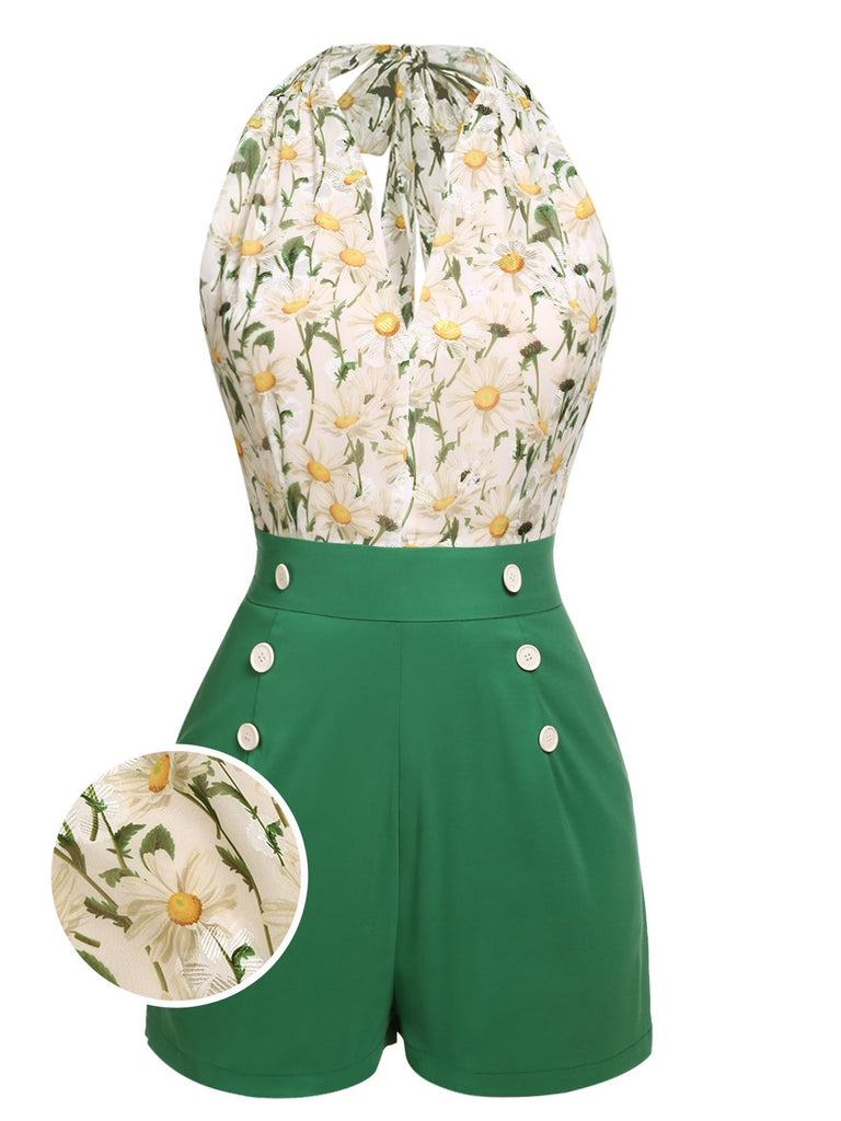 Side view: 1950s 1950s Floral Halter Lace-up Vintage Romper, perfect for vintage themed parties and retro fashion enthusiasts