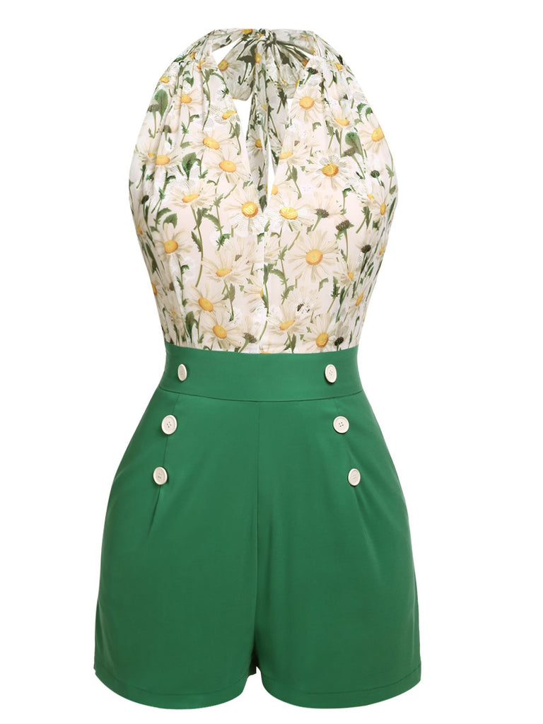 Back view: 1950s 1950s Floral Halter Lace-up Vintage Romper, perfect for vintage themed parties and retro fashion enthusiasts