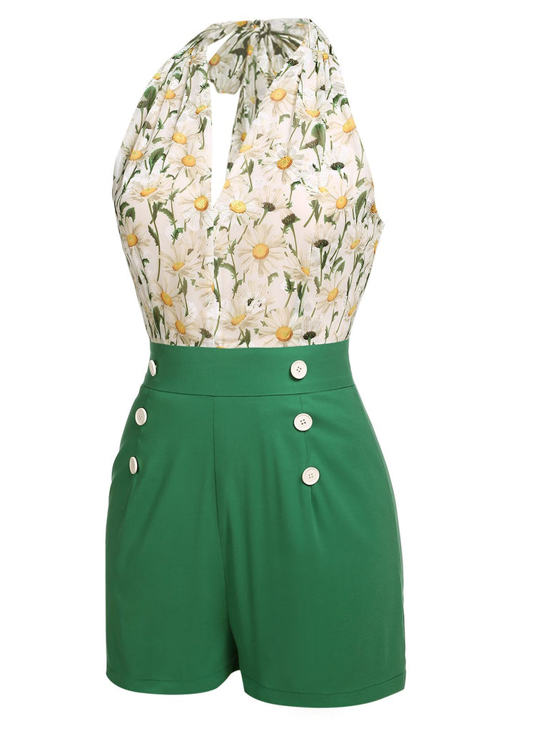 Detail view: 1950s 1950s Floral Halter Lace-up Vintage Romper, perfect for vintage themed parties and retro fashion enthusiasts