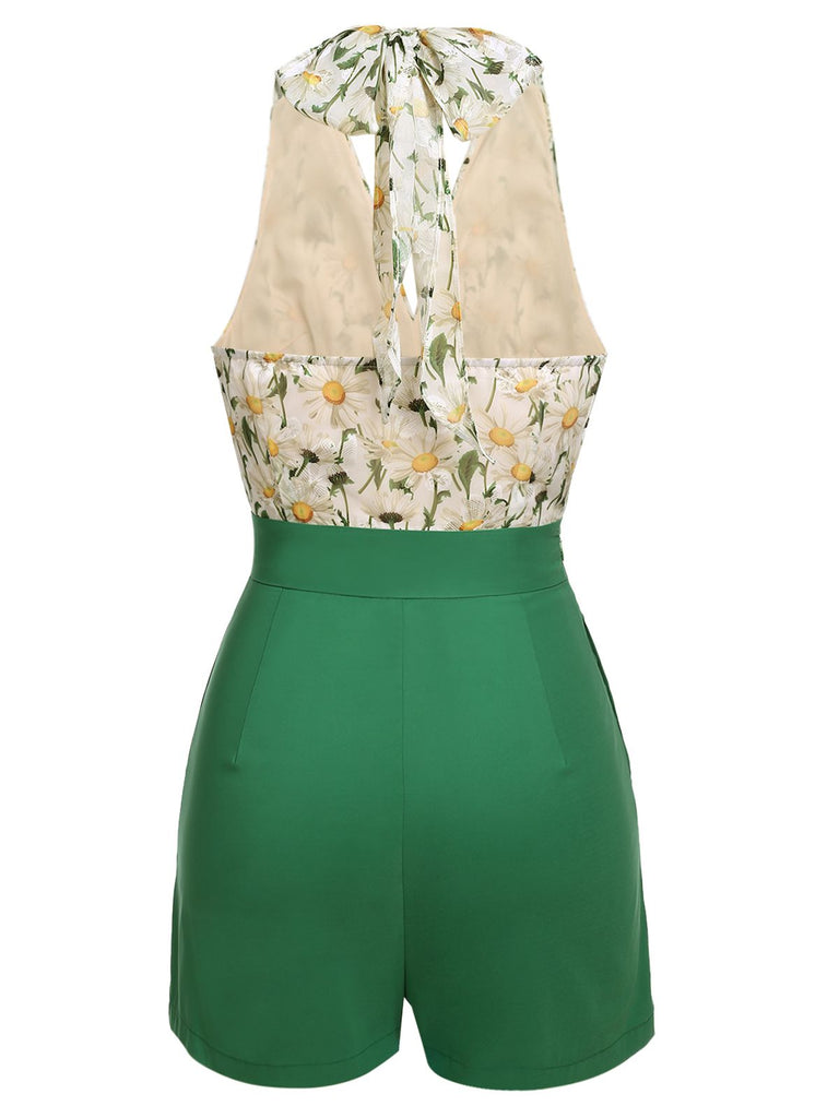Close-up: 1950s 1950s Floral Halter Lace-up Vintage Romper, perfect for vintage themed parties and retro fashion enthusiasts