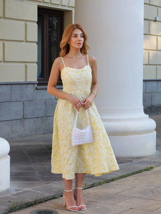 Yellow 1950s Floral Jacquard Textured Spaghetti Strap Midi Dress, vintage dress, retro fashion, rockabilly, pin-up fashion - perfect for women who love vintage and retro fashion
