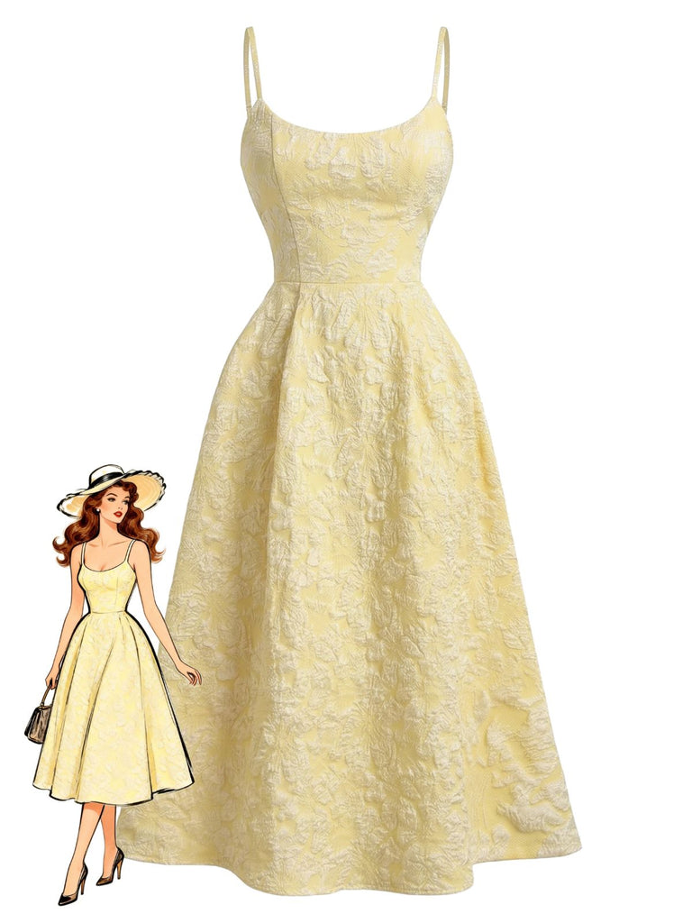 Retro Style Floral Jacquard Textured Spaghetti Strap Midi Milkmaid Dress Butter Yellow
