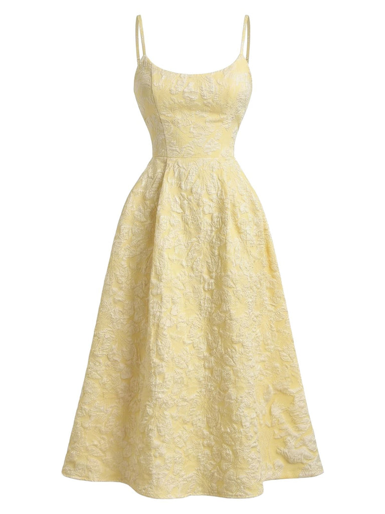 Retro Style Floral Jacquard Textured Spaghetti Strap Midi Milkmaid Dress Butter Yellow