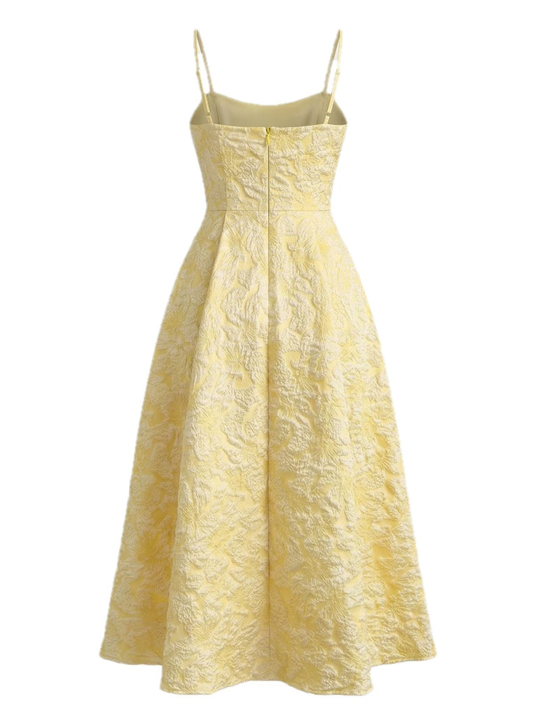 Yellow 1950s Floral Jacquard Textured Spaghetti Strap Midi Dress - vintage dress, retro fashion, rockabilly