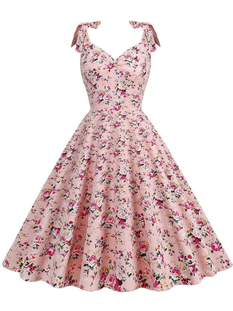 1950s Floral Lace-Up Shoulder V-Neck Swing Dress: timeless style reimagined