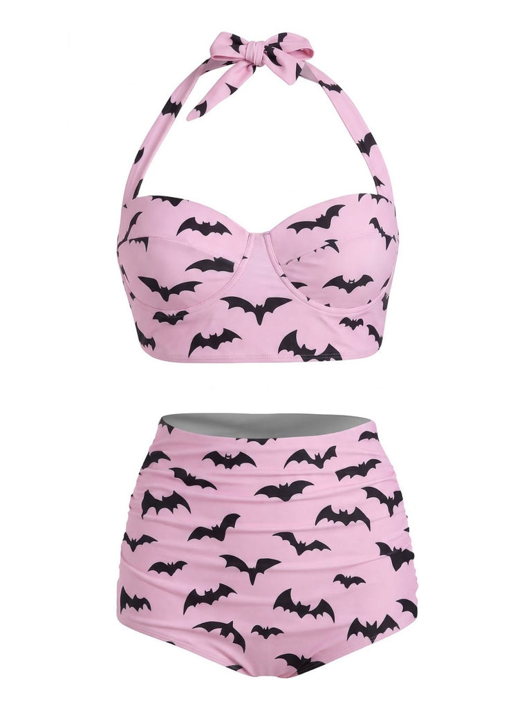 [Pre-Sale] Pink 1950s Bat Print Lace-Up Halter Swimsuit