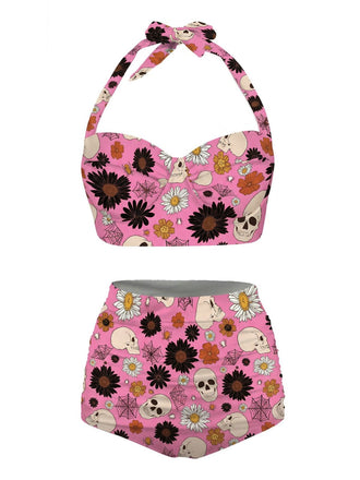 [Pre-Sale] Pink 1950s Floral Print Lace-Up Halter Swimsuit