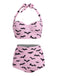 [Pre-Sale] Pink 1950s Bat Print Lace-Up Halter Swimsuit