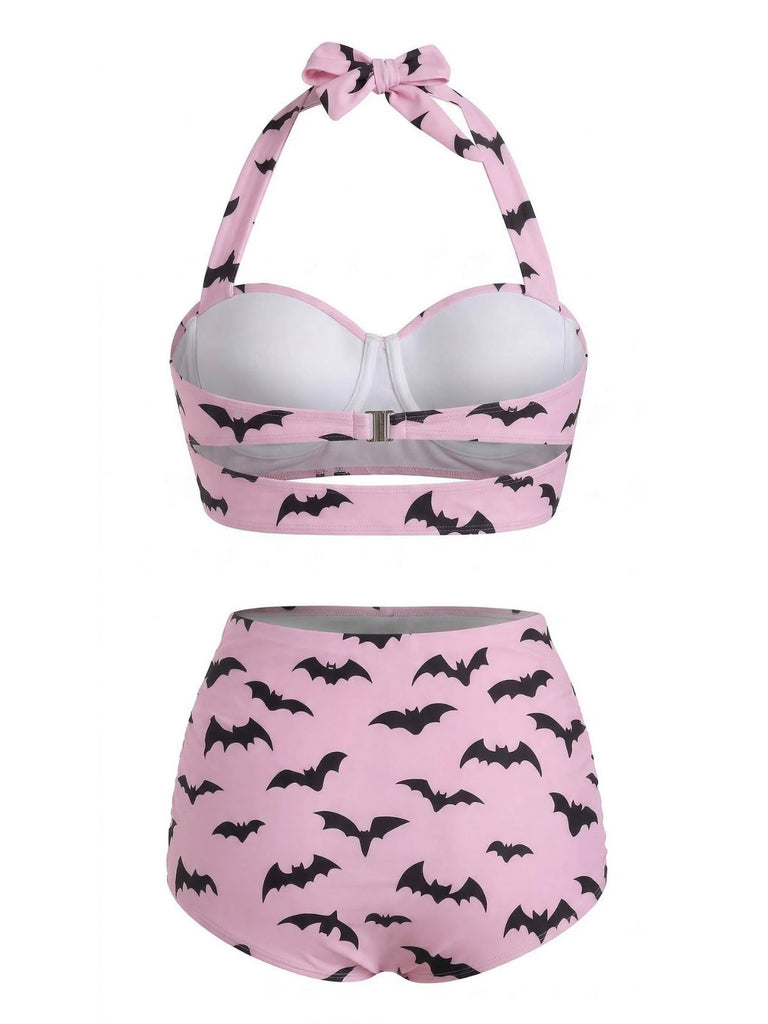 [Pre-Sale] Pink 1950s Bat Print Lace-Up Halter Swimsuit