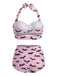 [Pre-Sale] Pink 1950s Bat Print Lace-Up Halter Swimsuit