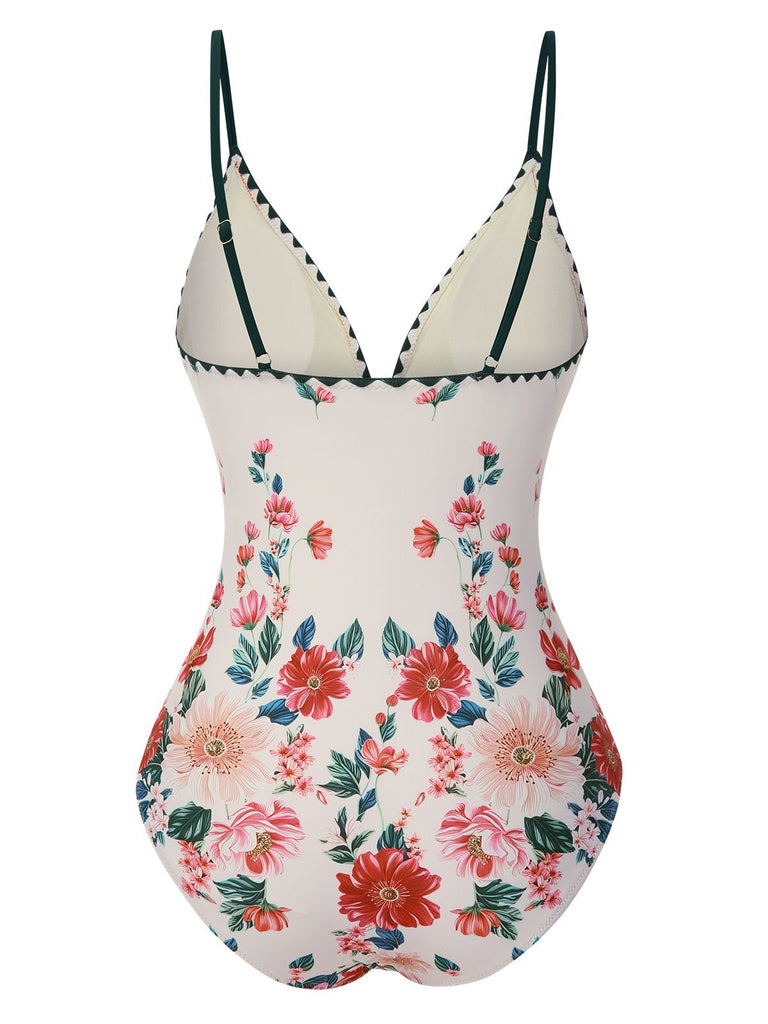 This 1950s Floral Print Spaghetti Strap One-Piece Swimsuit carries 1950s vacation dreams in every stitch