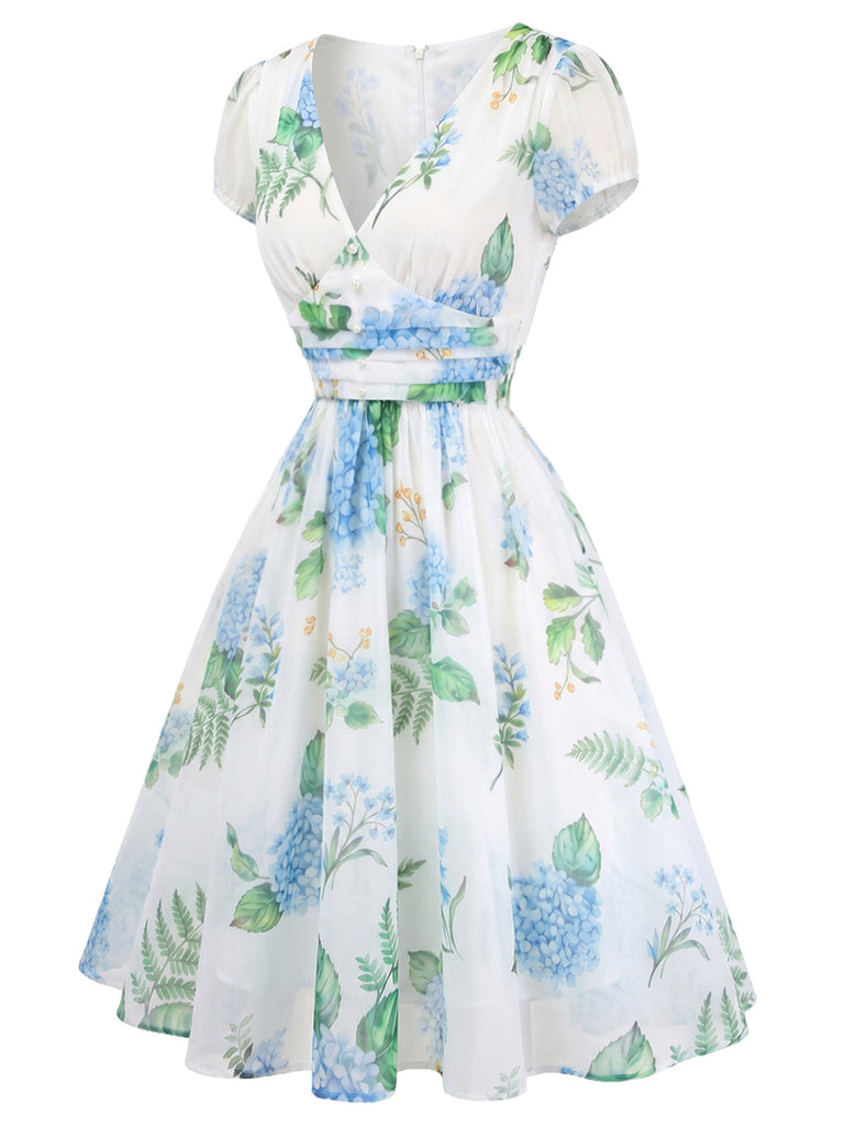 Blue 1950s Floral Print V-Neck Swing Dress
