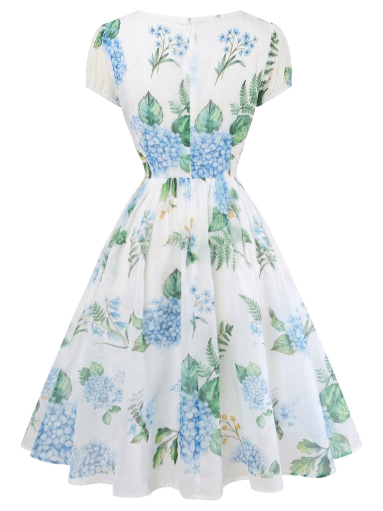 Blue 1950s Floral Print V-Neck Swing Dress