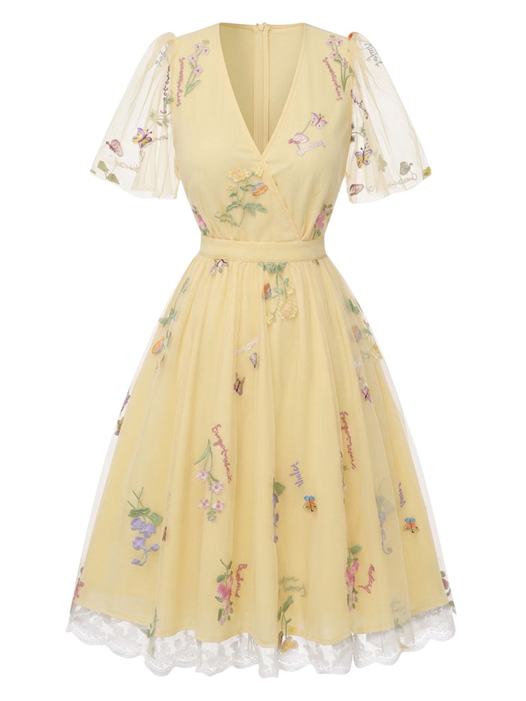 Green 1950s Floral Puff Sleeve Mesh Embroidered Dress, vintage dress, retro fashion, rockabilly, pin-up fashion - perfect for women who love vintage and retro fashion