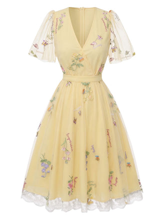 Green 1950s Floral Puff Sleeve Mesh Embroidered Dress, vintage dress, retro fashion, rockabilly, pin-up fashion - perfect for women who love vintage and retro fashion