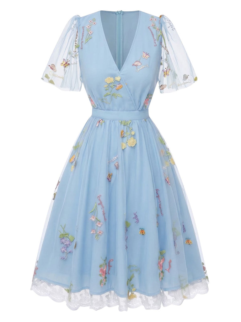 Green 1950s Floral Puff Sleeve Mesh Embroidered Dress, vintage dress, retro fashion, rockabilly, pin-up fashion - perfect for women who love vintage and retro fashion
