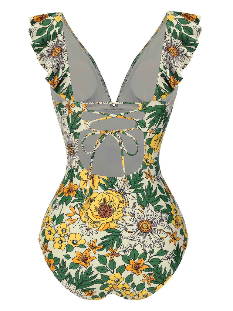 1950s Floral Ring Belted Ruffles | 1950s | vintage swimsuit, retro beachwear