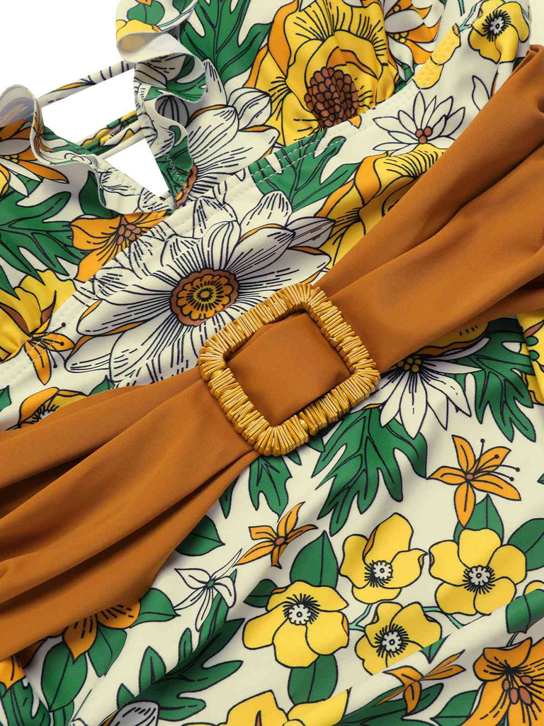 1950s Floral Ring Belted Ruffles | 1950s | vintage swimsuit, retro beachwear