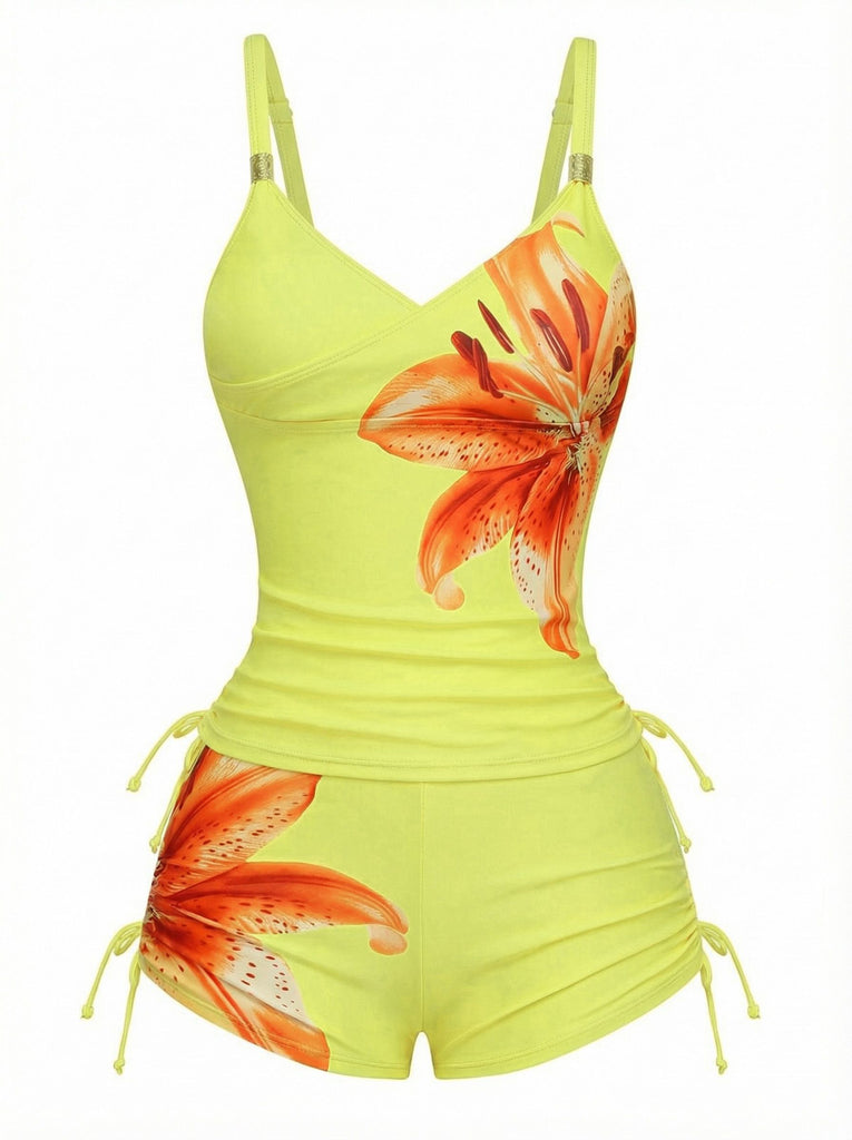 1950s Floral Solid Lace-Up Tankini Set - vintage fashion, retro style