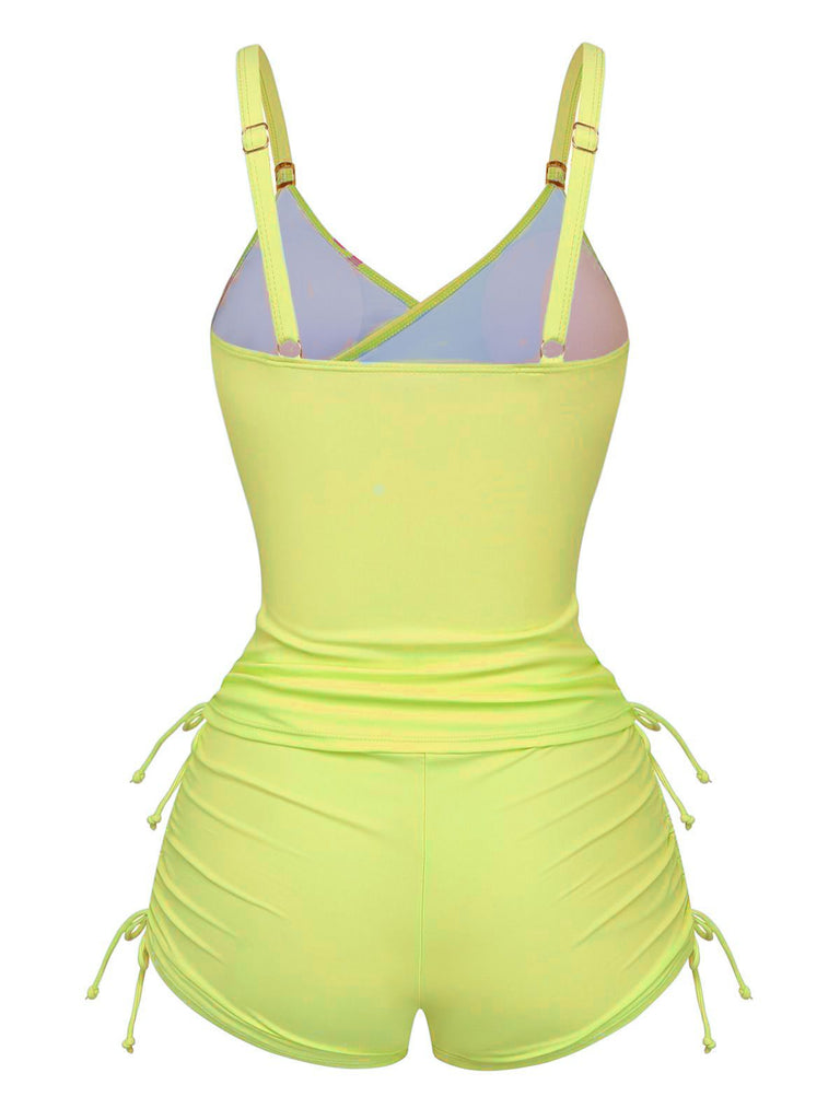1950s Floral Solid Lace-Up Tankini Set - vintage fashion, retro style