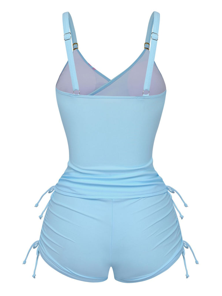 1950s Floral Solid Lace-Up Tankini Set - vintage fashion, retro style