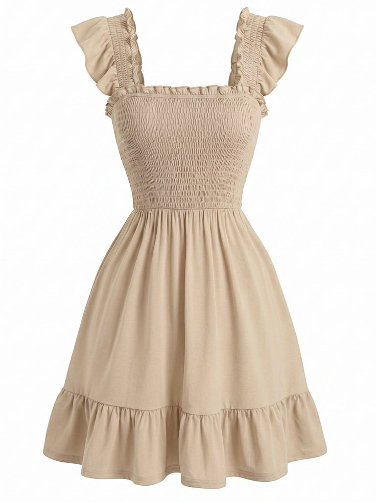 1950s Square Neck Ruffled Sleeve Smocked Dress, vintage dress, retro fashion, rockabilly, pin-up fashion, women, elegant