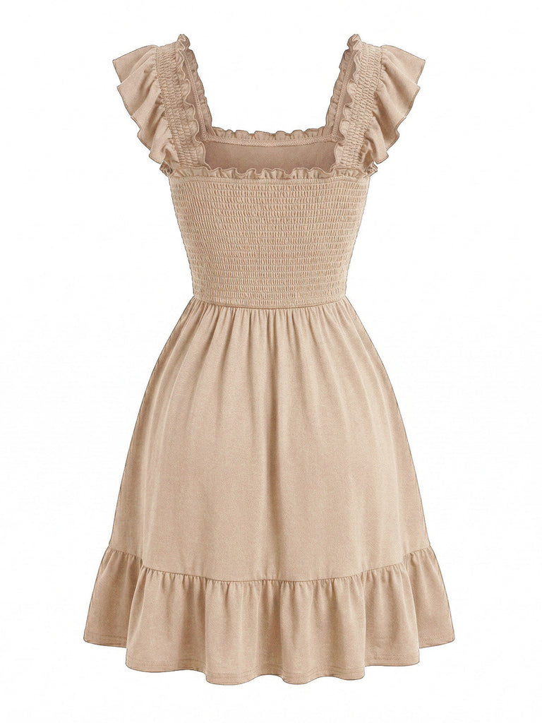 1950s Square Neck Ruffled Sleeve Smocked Dress, vintage dress, retro fashion, rockabilly, pin-up fashion, women, elegant