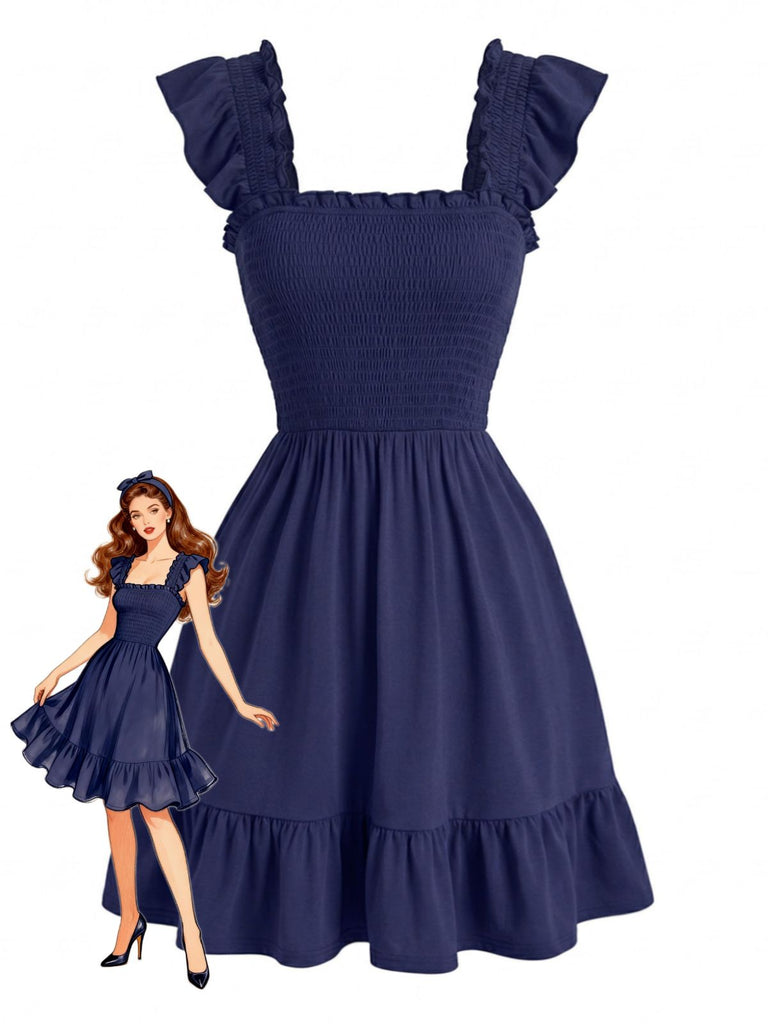 1950s Square Neck Ruffled Sleeve Smocked Dress, vintage dress, retro fashion, rockabilly, pin-up fashion, women, elegant