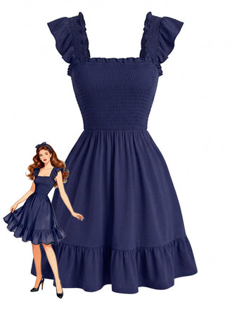 1950s Square Neck Ruffled Sleeve Smocked Dress, vintage dress, retro fashion, rockabilly, pin-up fashion, women, elegant