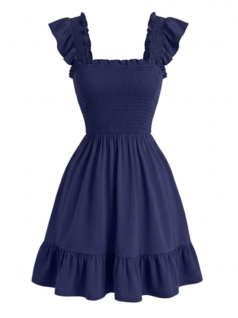1950s Square Neck Ruffled Sleeve Smocked Dress, vintage dress, retro fashion, rockabilly, pin-up fashion, women, elegant