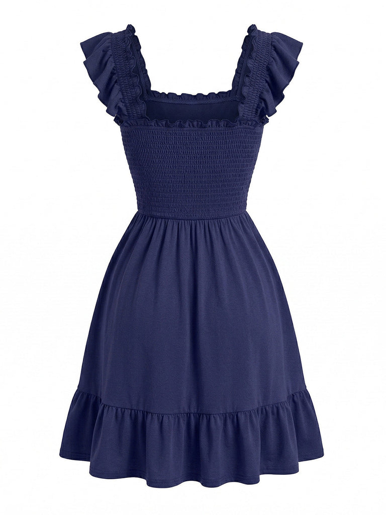 1950s Square Neck Ruffled Sleeve Smocked Dress, vintage dress, retro fashion, rockabilly, pin-up fashion, women, elegant