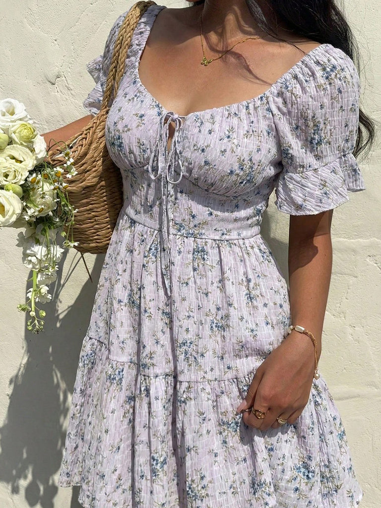 1950s Floral Square Neck Ruffle Dress 14