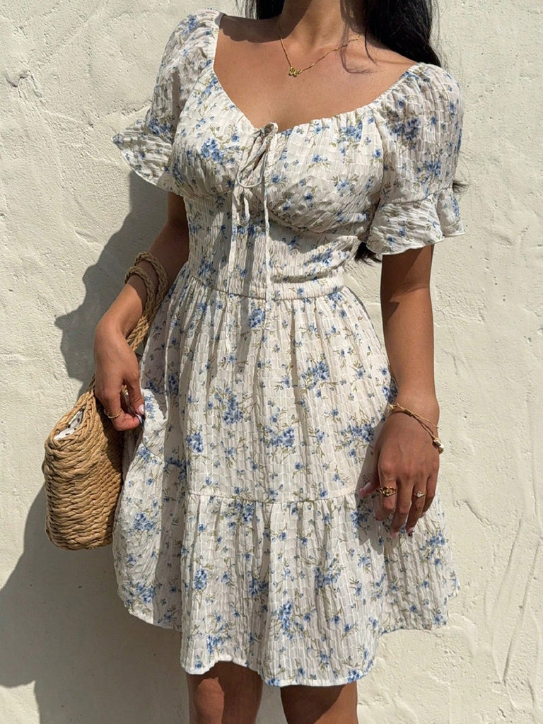 1950s Floral Square Neck Ruffle Dress 3