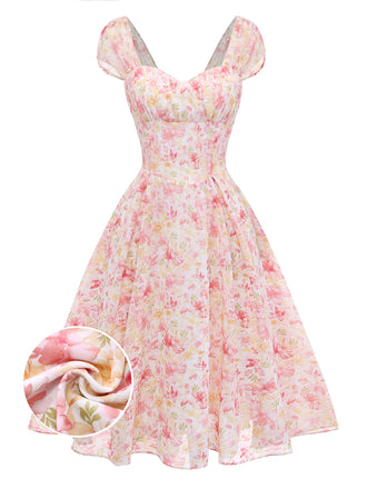 Pink 1950s Floral Chiffon Bow Dress